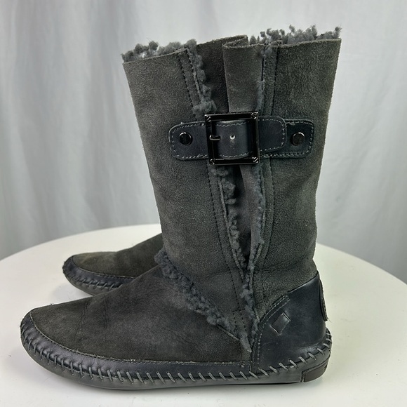 Tory Burch Moccasin Style Suede Shearling Boots with Buckles - Picture 5 of 13